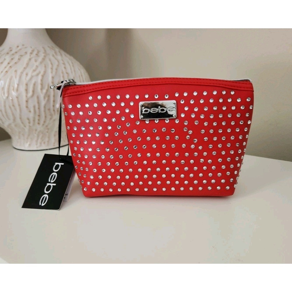 Bebe Women's Vibrant Red Makeup Clutch with rhinestone‎ studs  Travel Clutch